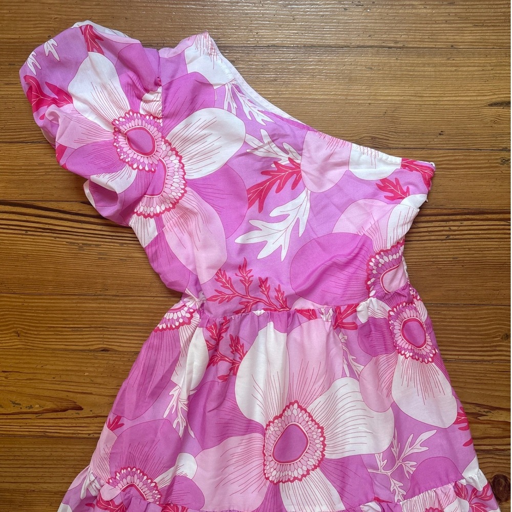 J.Marie One Shoulder Floral Maxi Dress Pink White Tiered SIZE M - Picture 3 of 7